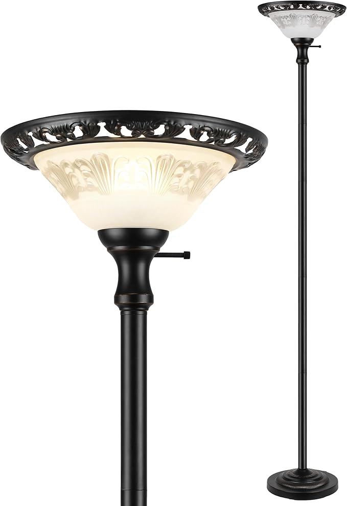 PARTPHONER Torchiere Floor Lamps for Living Room, 71" Tall Standing Lamp with Thick Glass Shade, Metal Pole & Heavy Base, Vintage Corner Lamp Decor for Home Bedroom Office, 3CCT Bulb Included