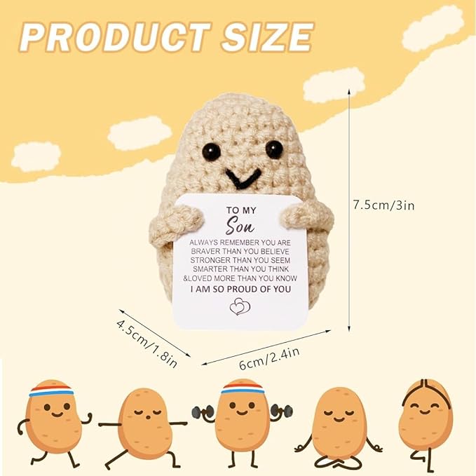 WASTIME Funny Knitted Wool Doll Toy with Positive Card - Creative Cute Mini Crochet Positive Potato Dolls Cheer Up Gift for Family Kids Friends Encouragement Decoration (B- to My Son)