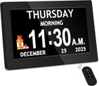 10.1'' Extra Large Digital Clock, 1280*800p HD Display, Dementia Clock For Seniors, Digital Clock With Date, Time, Day Of Week, 10 Reminders & 6 Alarms, Auto Dimming & DST, Remote Control, Black
