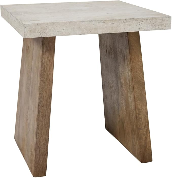 Signature Design by Ashley Brendalhouse Casual End Table with Faux Cement Top and Double Plinth Base, Solid Mango Wood, Melamine Laminate, Casually Cool Design, Light Brown & White