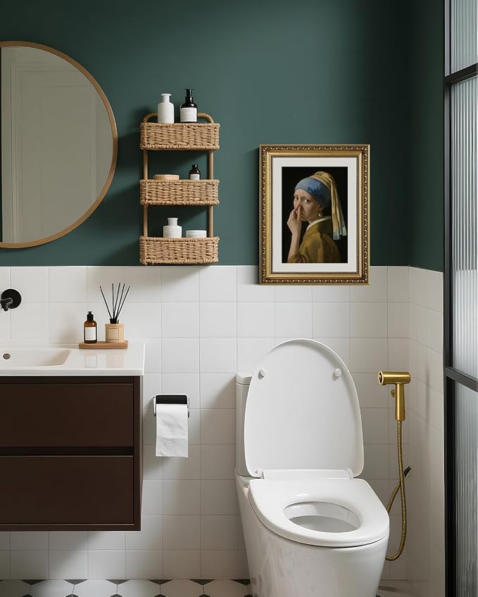 ARPEOTCY Gold Framed Canvas Wall Art, 11x14 Inch Vintage Funny Bathroom Art, Retro Toilet Parody of Girl with a Pearl Earring, Classical Minimalist Oil Painting Print for Restroom or Home Decor