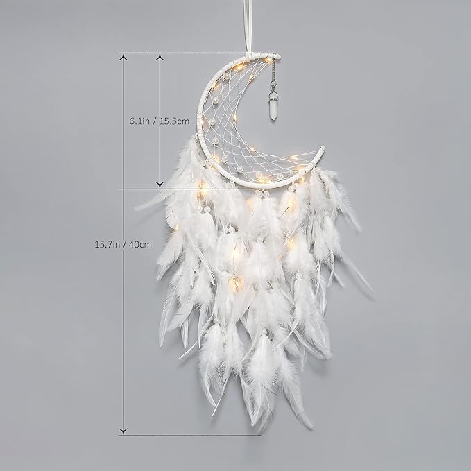 Dremisland Moon Dream Catcher with Fairy Lights-Handmade Feather Lucky Turquoise Pendant Beads Wall Hanging Ornament for Kids Bedroom Home Decoration,Art Craft Gift. (Pure White)