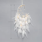 Dremisland Moon Dream Catcher with Fairy Lights-Handmade Feather Lucky Turquoise Pendant Beads Wall Hanging Ornament for Kids Bedroom Home Decoration,Art Craft Gift. (Pure White)