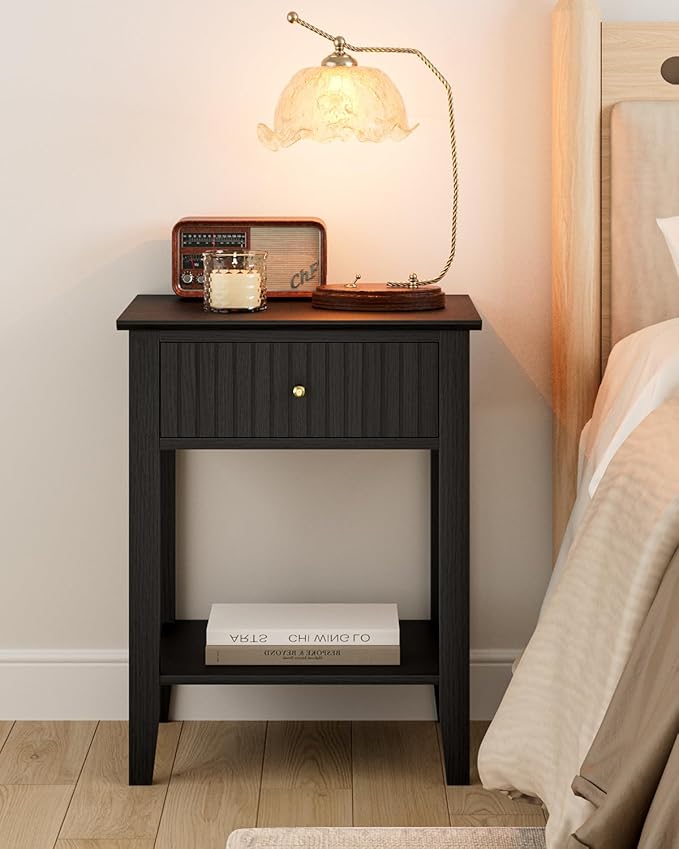 Fluted Nightstand, Farmhouse Night Stand with 1 Drawers, Mid Century Modern Side Accent Table,Bedside End Table for Bedroom, Living Room, Black