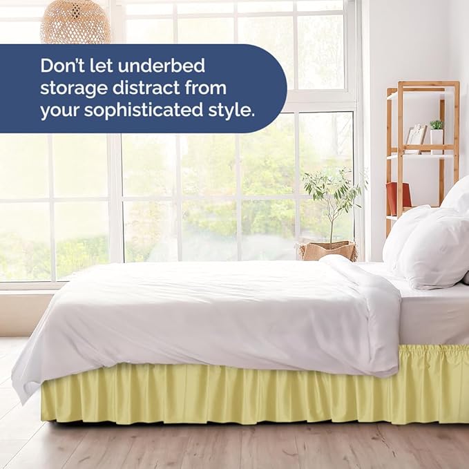 Wrap Around Dust Ruffle Bed Skirt - Yellow - for King Size Beds with 24 Inch Drop - Easy Fit Elastic Strap - Adjustable Pleated Bedskirt w/Brushed Fabric - Wrinkle Free - for Women, Men, Kids & Teens