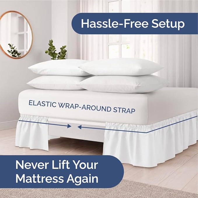 Wrap Around Dust Ruffle Bed Skirt - White - for King Size Beds with 18 Inch Drop - Easy Fit Elastic Strap - Adjustable Pleated Bedskirt w/Brushed Fabric - Wrinkle Free - for Women, Men, Kids & Teens