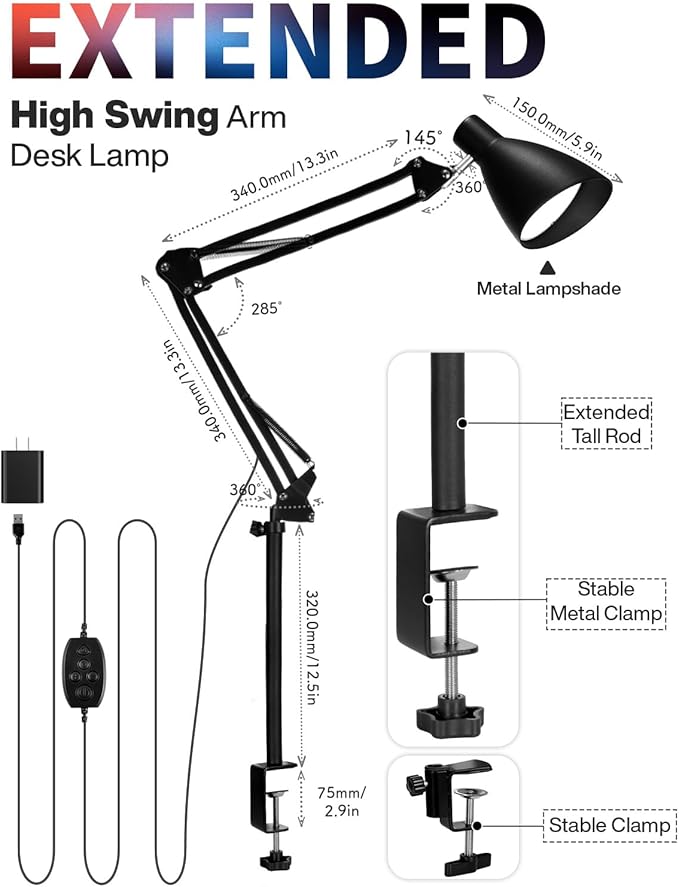 Metal LED Desk Lamp for Home Office, Extra Tall Swing Arm Architect Desk Lamp with Clamp, 5 Color Modes 10 Brightness Task Lamps, Adjustable Gooseneck Clip-on Table Light for Reading Home Work Study