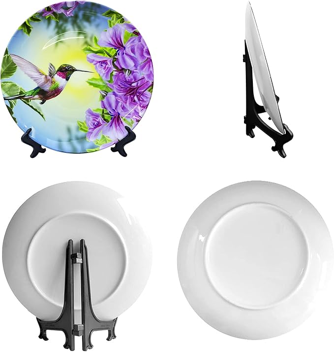 ALALAL Small Bird Hummingbird Pink&Purple Flowers Decorative Plate Decorative Ceramic Plates Home Wobble-Plate with Display Stand Decoration Household Plates Decorative - 10 inch