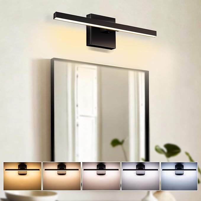 Bathroom Lights Over Mirror, 16 Inch 12W IP44 Black Modern Vanity Lights, 5CCT Adjustable (2700K–5000K), Dimmable Led Bathroom Light Fixtures, Dual-Sided, 180° Rotatable Angle, ETL