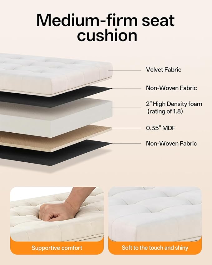 Velvet Storage ottoman bench with legs,43.5”W x 15.7”D x 15.7”H,metal frame end of bed bench hold up to 770 LB,Large Storage Chest hold up to 770 LB,White UASND623W