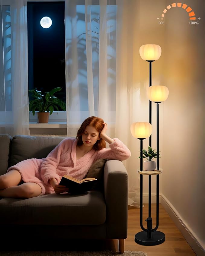 Black Floor Lamp Dimmable Modern Floor Lamps with Pumpkin Lampshade & Table, 3000K Soft Warm White Bulbs Included, 3-Light Tall Standing Lamp for Living Room/Bedroom
