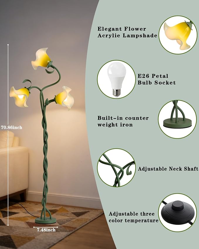 Flower Floor Lamp for Living Room,Tall Standing Reading Lamp with Flexible Neck,3 Color Temperatures LED Dimmable Decorative Light,Green Calla Floor Lamp for Bedroom Corner (Green)