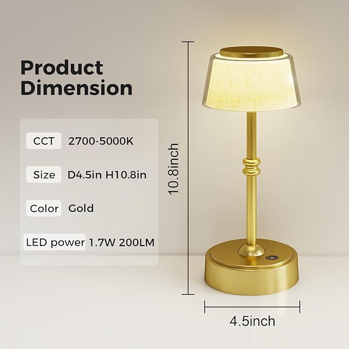 LED Cordless Lamp, 5 Colors Stepless Dimming Table Lamp, Built-in 4400mAh Rechargeable Battery with USB Charging Port, Portable Touch Bedside Light for Patio, Restaurant, Dining (1, Gold)