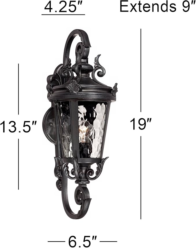 John Timberland Marseille Traditional Outdoor Wall Light Fixture Black Steel Scroll 19" Clear Hammered Glass Downbridge Arm for Exterior House Porch Patio Outside Deck Garage Front Door Home