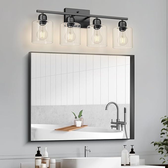Modern 4 Light Bathroom Light Fixtures, 24 inch Black Vanity Lights for Bathroom with Clear Glass, Bathroom Vanity Light for Mirror Kitchen Living Room Hallway Cabinet Porch