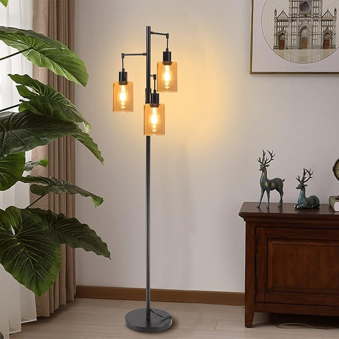 Farmhouse Floor Lamp, Dimmable Floor Lamp for Living Room, Rustic 3 Lights Oil Rubbed Bronze Tree Standing lamp, Vintage Tall Pole Lamp with Amber Glass Shade