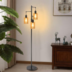 Farmhouse Floor Lamp, Dimmable Floor Lamp for Living Room, Rustic 3 Lights Oil Rubbed Bronze Tree Standing lamp, Vintage Tall Pole Lamp with Amber Glass Shade