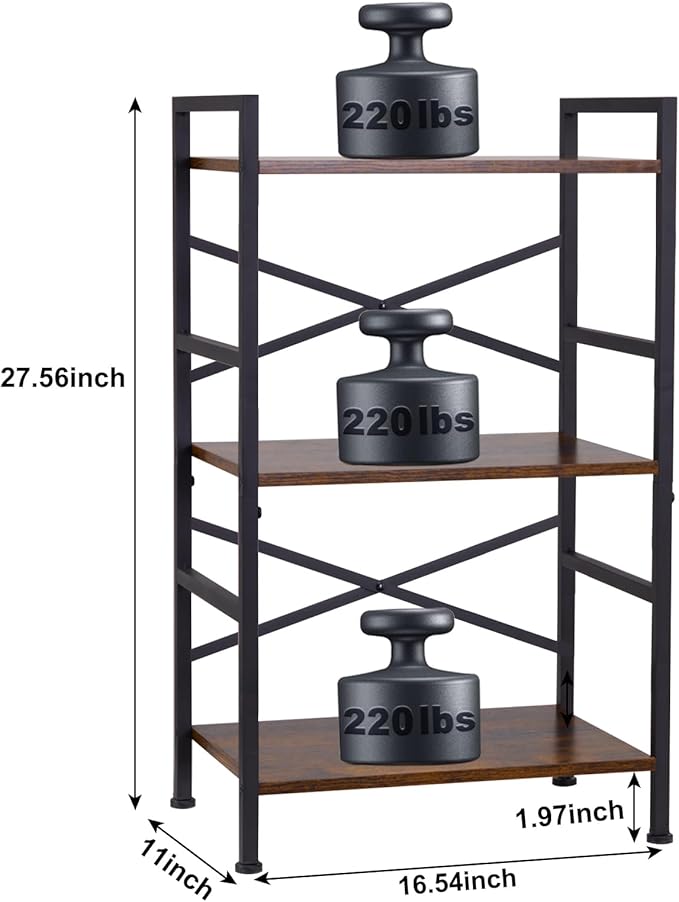 Small Bookshelf for Small Spaces, 3-Tier Industrial Bookcase with Metal Frame and Wood Shelves, Narrow Storage Shelf for Living Room, Bedroom, Apartment