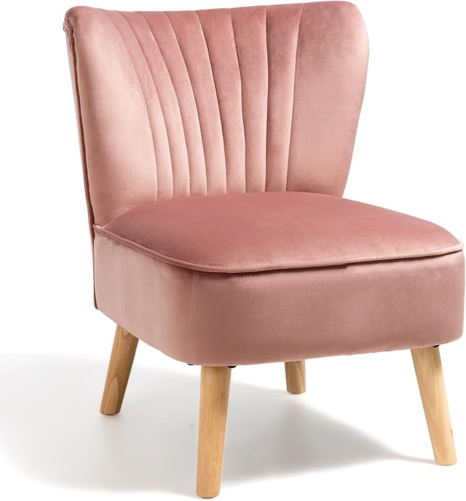 KOMFOTT Velvet Accent Chair, Modern Armless Sofa Chair with Solid Rubber Wood Legs, Wingback Leisure Chair with Thick Cushion, Upholstered Side Chair for Living Room, Bedroom, Pink
