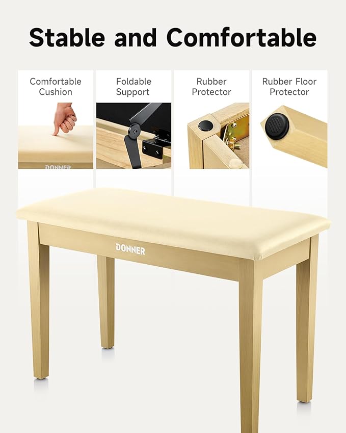 Donner Duet Piano Bench with Storage, Solid Wooden Keyboard Bench Piano Bookcase Stool Chair Seat with High-Density Sponges Padded Cushion, Beige