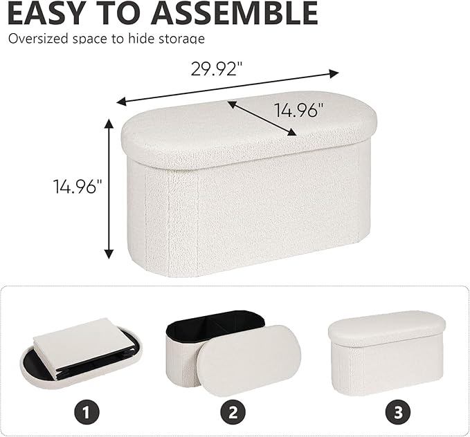 30 Inches Ottoman with Storage,Bedroom Bench with Storage, Ottoman Foot Rest for Living Room,30" L x 15" W x 15" H-White