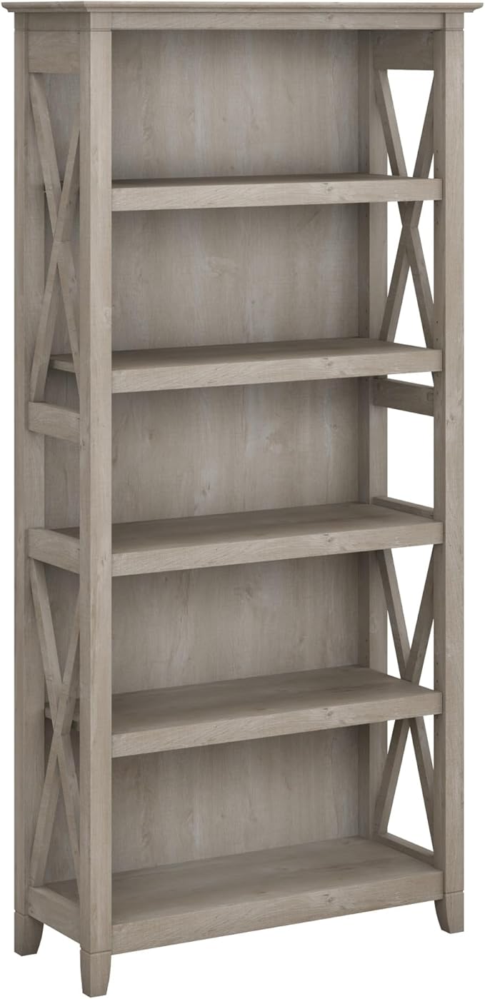 Bush Home Tall 5 Shelf Bookcase for Living Room or Home Office, Large Bookshelf, Modern Farmhouse Style, Key West Collection, Washed Gray