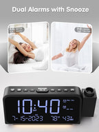 ROCAM Projection Alarm Clock, Digital Clock with 180° Projector on Ceiling Wall, Dual Loud Alarm Clocks for bedrooms with Weekday/Weekend Mode,2 USB Ports, Dimmer, Temp, Humidity, Night Light, Snooze