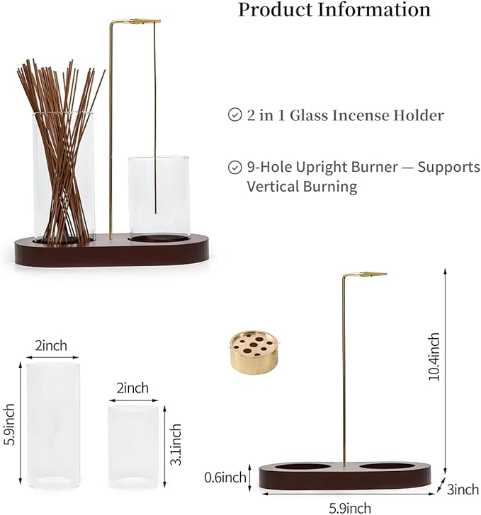 2 in 1 Glass Incense Holder for Sticks with 9-Hole Upright Burner, Ash Catcher, Cleaning Brush & Greeting Card, Meditation & Yoga Accessories,Gift for Home Decor (Light Base)