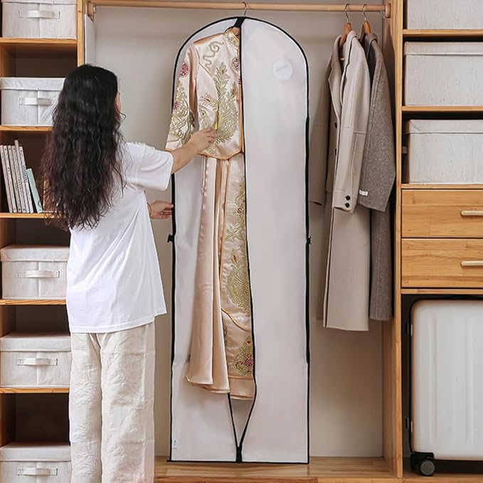 72" Wedding Dress Garment Bags Foldable Dress Bag for Long Gowns Traveling Protector Cover for Hanging Clothes with Zipper (White)