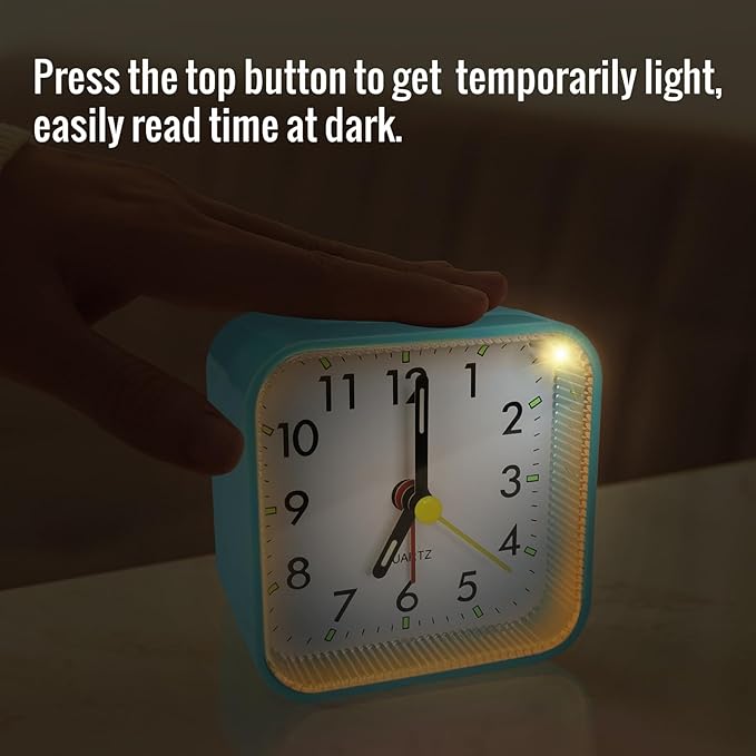 Small Battery Operated Analog Alarm Clock, Travel Clock, Quieter Bedside Clocks for Bedrooms Bathroom Shelf Desk, Green