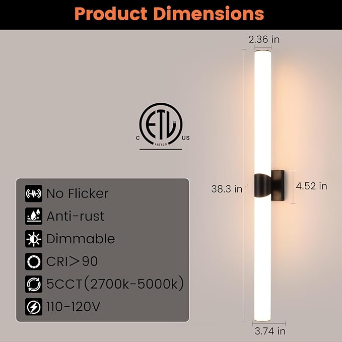 Modern Wall Sconce 38.2 Inch Black Bathroom Sconces Led Wall Lights with Acrylic Shade Hardwired Long Vanity Lighting Fixtures Over Mirror for Bedroom Living Room Hallway