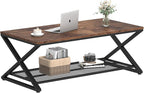 LVB Rustic Coffee Table with Storage, Industrial Wood Metal 2 Tier Center Living Room Table with Mesh Shelf, Farmhouse Wooden Low Rectangle Cocktail Tea Table for Office Bedroom, 47 inch, Rustic Brown
