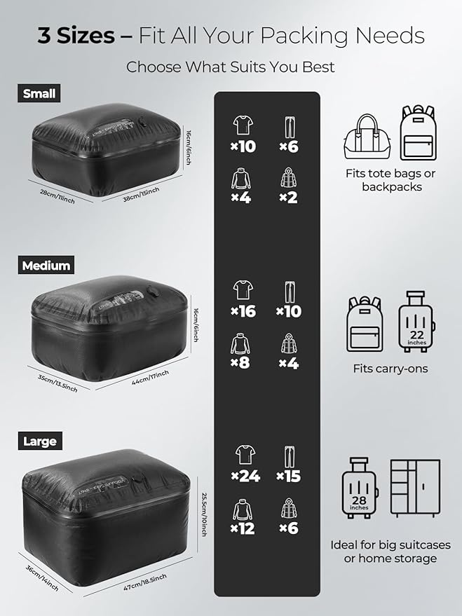 Vacuum Bags for Travel with Wireless Pump, 180° Open Zipper, IP67 Waterproof, Reusable Space Saver Compression Bags for Home Storage, Backpack, Suitcase(3 Pack + Pump)