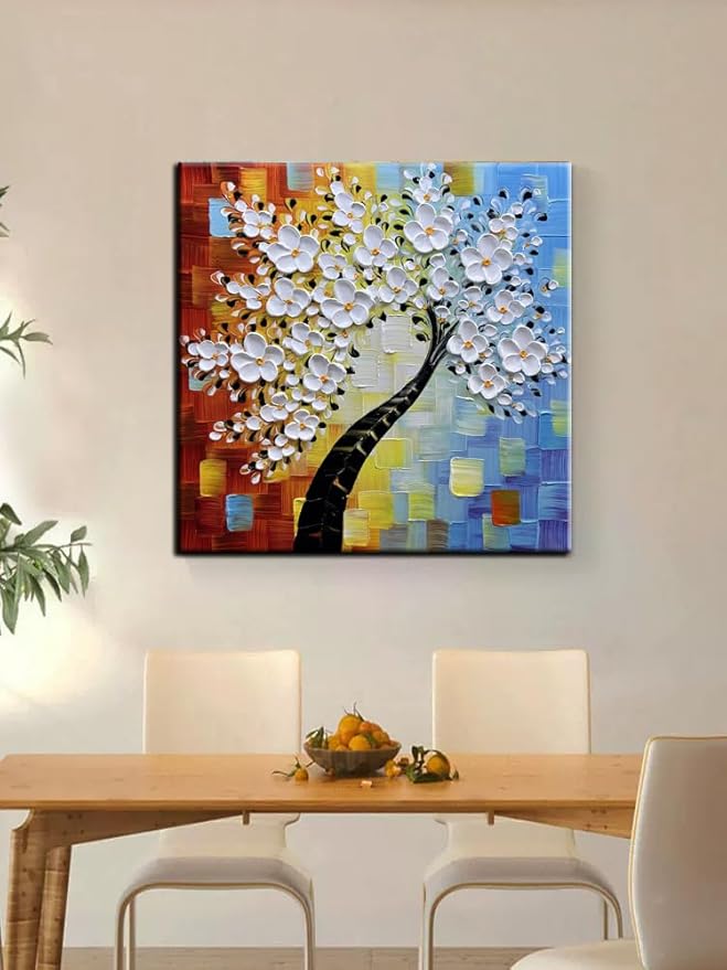 YaSheng Art - hand-painted Oil Painting On Canvas white Flowers Paintings Modern Home Interior Decor Wall Art for living room Abstract Art picture Ready to hang 24x24inch