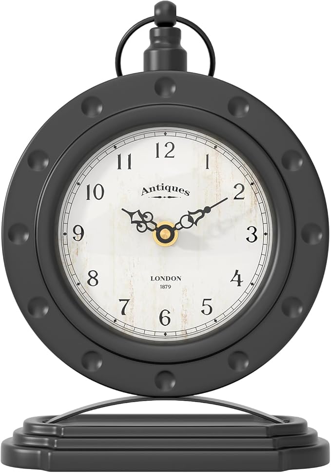 Vintage Table Clock, Desk and Shelf Mantel Clock, Antiques London Style Black Decor Clocks, for Farmhouse, Living Room, Bedroom, Bedside, Gift (8.8" H x 6.3" W)