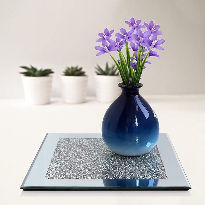 GIMORRTO Glass Mirrored Coaster 2 PC, Crushed Diamond Square Cup Mat 10" Decor on Tabletop for Bar Tools Dining Table