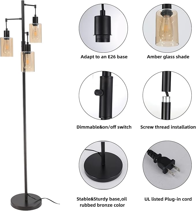 Farmhouse Floor Lamp, Dimmable Floor Lamp for Living Room, Rustic 3 Lights Oil Rubbed Bronze Tree Standing lamp, Vintage Tall Pole Lamp with Amber Glass Shade