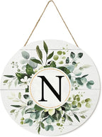 Smile Monogram Letter N Wreaths Wooden Welcome Sign, Family Last Name Initial Front Door Wall Decoration, Floral Spring Summer Porch Rustic Home Kitchen Decor