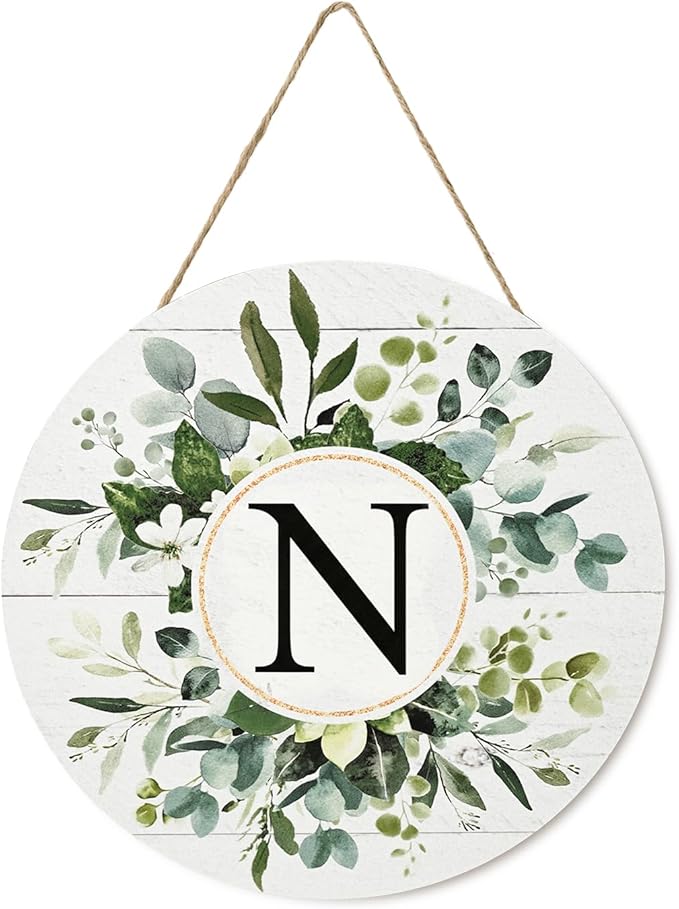 Smile Monogram Letter N Wreaths Wooden Welcome Sign, Family Last Name Initial Front Door Wall Decoration, Floral Spring Summer Porch Rustic Home Kitchen Decor