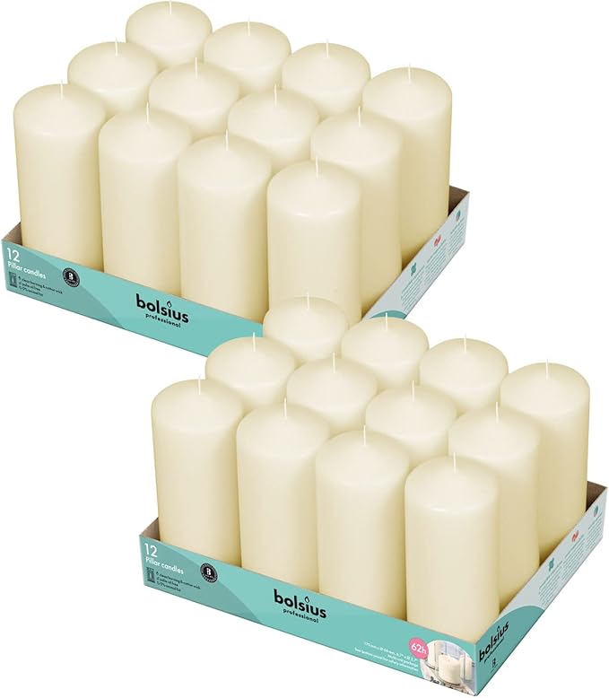 BOLSIUS Ivory Pillar Candles - 2.7x6.7 Inches - 2 Packs = Total 24 Candles - 62+ Hours - Premium European Quality - Consistent Smokeless Flame - Unscented Dripless Pillars