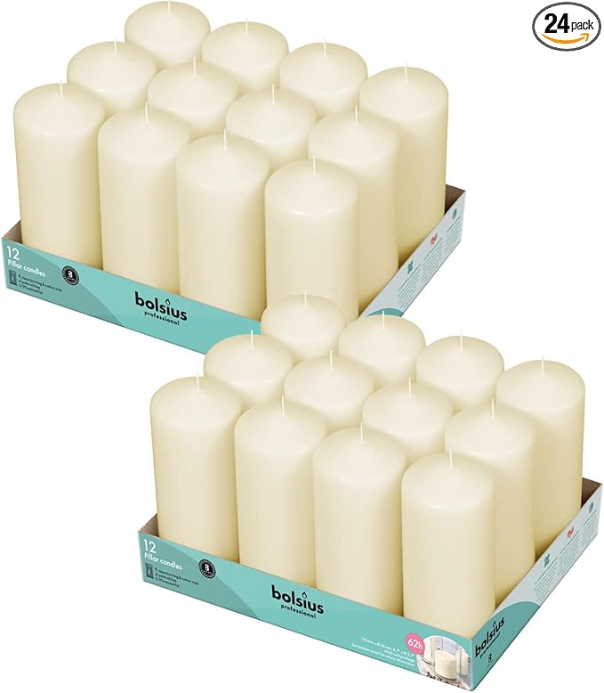 BOLSIUS Ivory Pillar Candles - 2.7x6.7 Inches - 2 Packs = Total 24 Candles - 62+ Hours - Premium European Quality - Consistent Smokeless Flame - Unscented Dripless Pillars