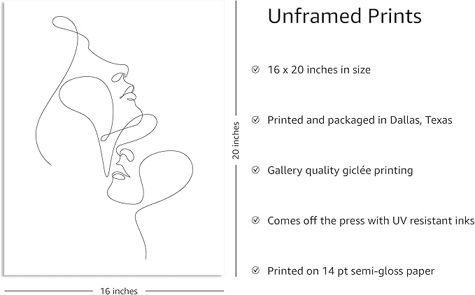 Y2K BOO Minimalist Face to Face UNFRAMED Wall Art Two Portraits Continuous Line Drawing 16x20 Inch Heavyweight Paper Modern Aesthetic Studio Decor