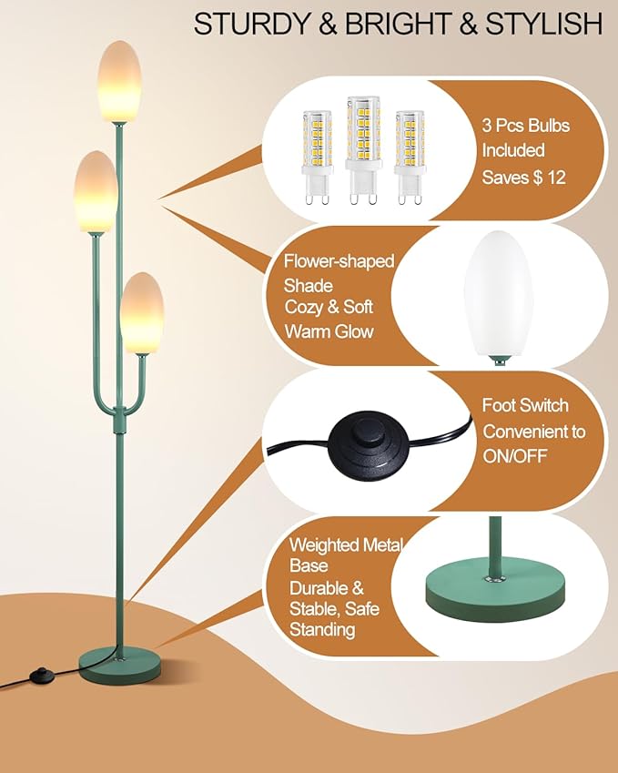 Lightdot 66IN Dimmable Floor Lamp 3-Lights Vintage Floor Lamps with Pebble-Shaped Shade& 3000K Warm White Bulbs for Wedding Party Modern Standing Tall Lamp for Living Room/Bedroom-Green