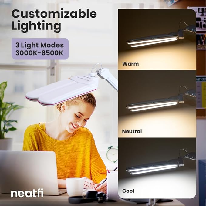 Neatfi Elite HD XL LED Desk Lamp, 3 Light Modes, 90PCS SMD LED, Non-Polar Dimming, Bright Eye-Caring Lighting for Home Office, Drafting, Beauty Shop, Workbench (CCT with Clamp, Pink Ring, 17 Inches)