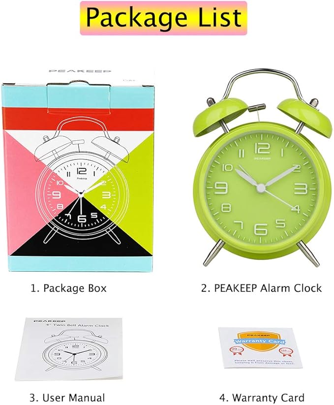 Peakeep 4 Inches Twin Bell Loud Alarm Clock for Heavy Sleepers, Battery Operated Old Fashioned Alarm Clock (3D-Dial, Green)