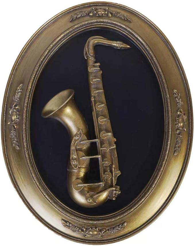 S-MANTIS Vintage Wall Sculpture,Antique Pediment,Hallway Wall Art,Hand Painted Instrument Wall Decoration Accent Artworks for Indoor Kitchen Bedroom Living Room Office Outdoor Garden Patio Oval (Bronze Saxophone)