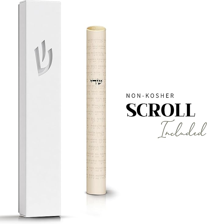 SURI Mezuzah Case – 5 Inch White Aluminum Mezuzah Cover with Printed Scroll, Self-Stick Adhesive, Fits a 4 Inch Mezuza Scroll, Open-Back Design for Indoor Use, Gift Box Included