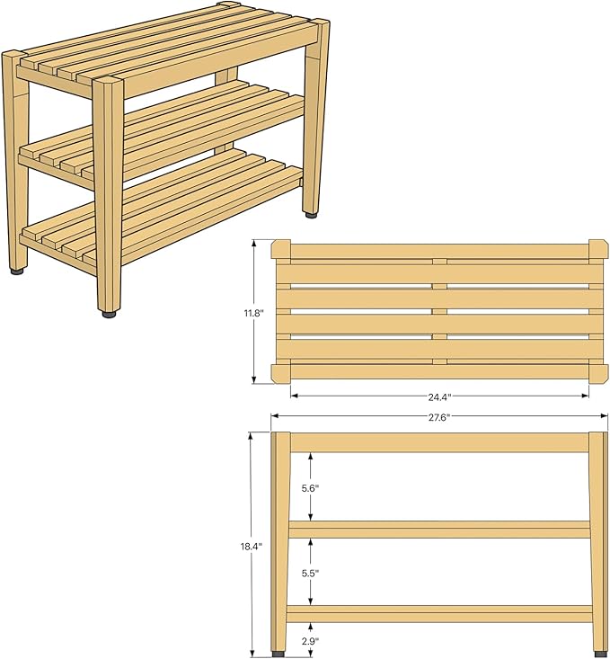 Asta Select Solid Teak 27" Shoe Rack Bench, Teak Entryway Bench, 3-Tier Shoe Storage Organizer, for Entryway, Bedroom, Bathroom and Garden, Fully Assembled, TF-91