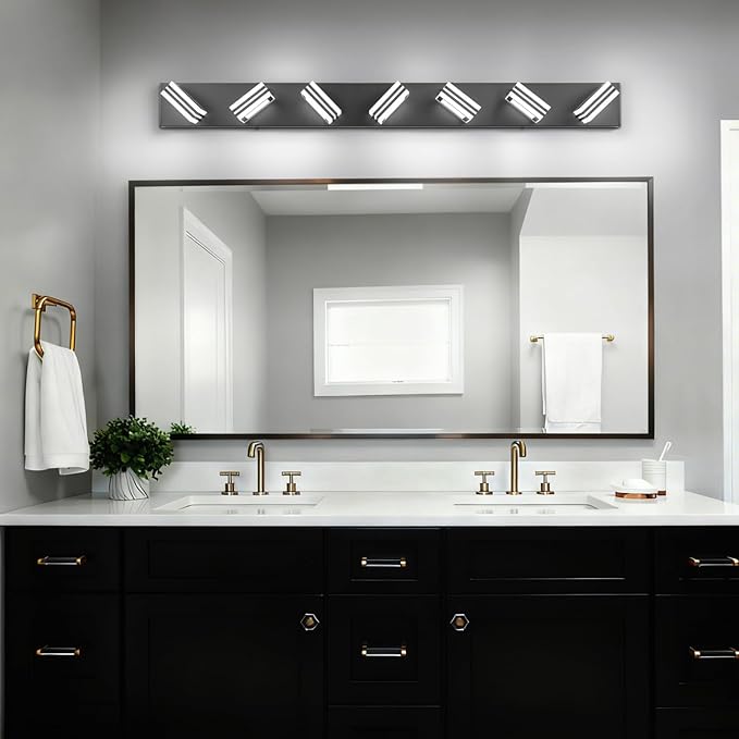 SOLFART LED Modern Vanity Lights Fixtures: 7 Lights Acrylic Matte Black Modern Bathroom Wall Light Over Mirror 46inch