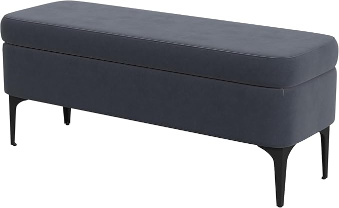 HomePop Upholstered Storage Bench with Metal Leg, 42" W, Blue Velvet